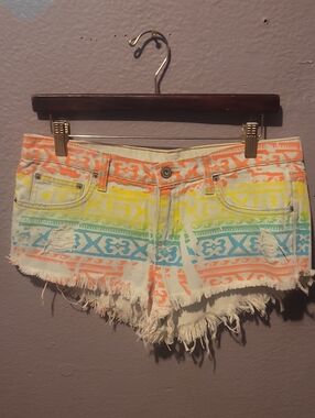 LF Multicolor Tribal Frayed Denim Shorts